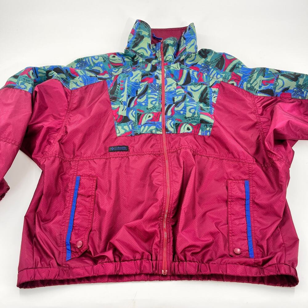 Vintage Columbia women's Windbreaker jacket full zip no hood burgundy teal XL